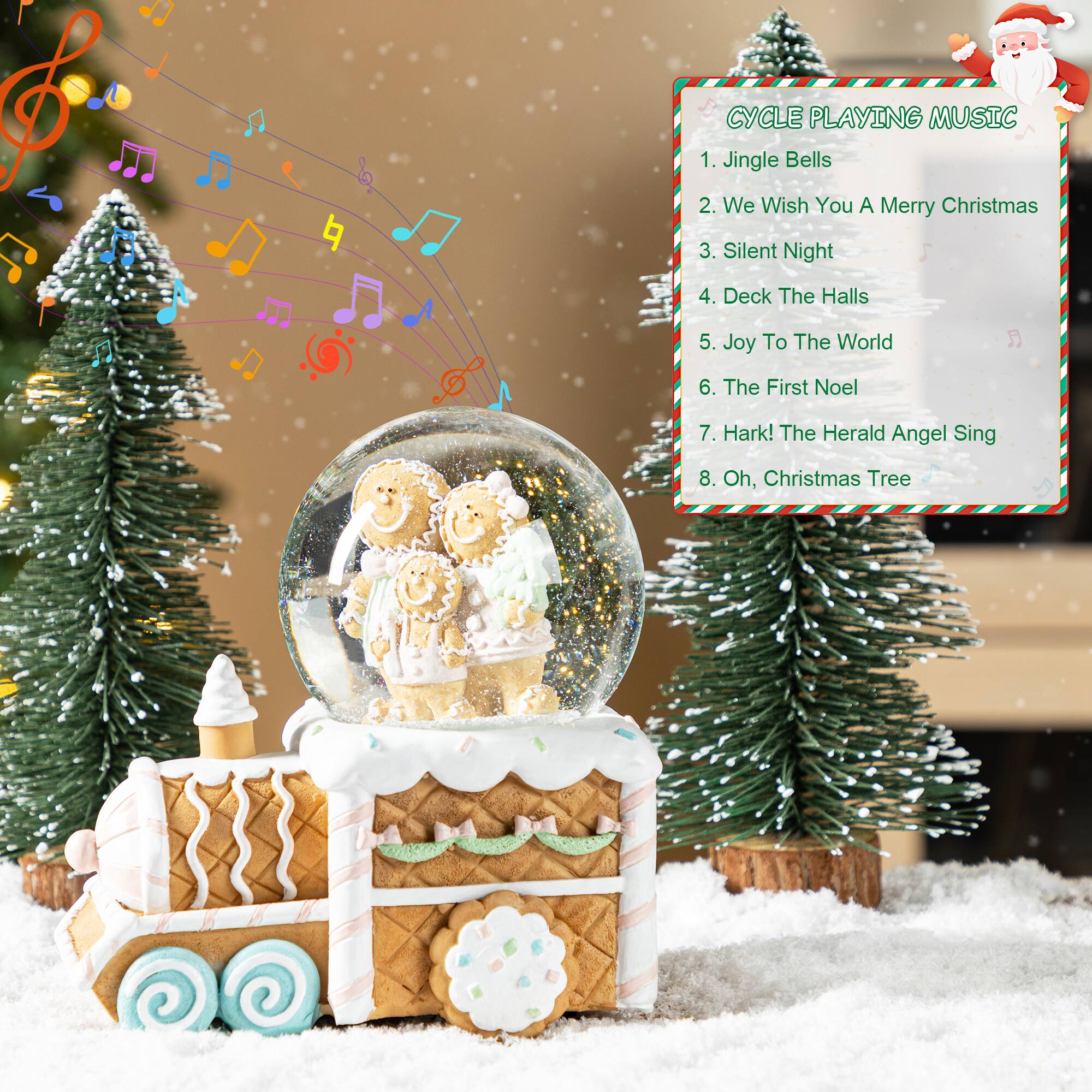 Glitzhome® 100mm Christmas Resin Musical Snowflakes Ginginerbread Family Train Waterglobe